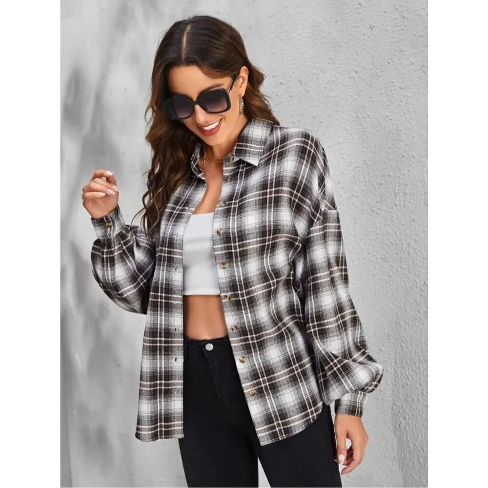 SHEIN Women’s Brown Black Plaid Drop Shoulder Oversized Button Front Top Medium